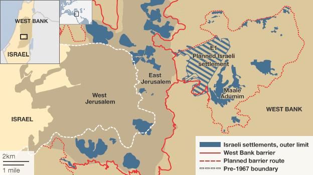 Map showing E1 settlement in relation to West Bank and Jerusalem