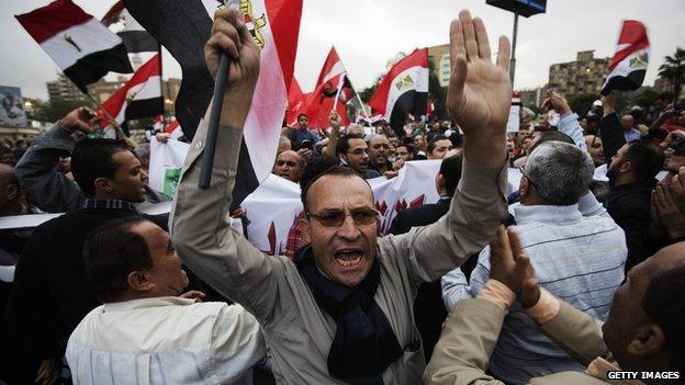 Egyptian protesters demonstrate outside the presidential palace in Cairo
