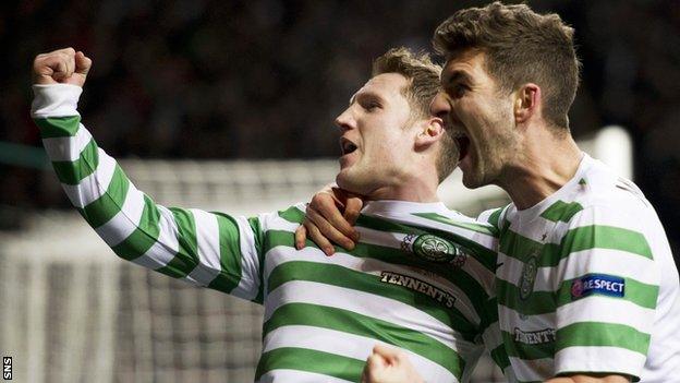 Commons and Mulgrew celebrate Celtic's winner against Spartak