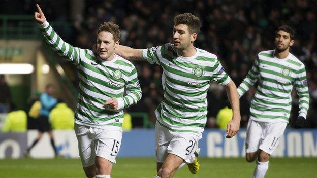 Kris Commons (left) celebrates his winning penalty against Spartak Moscow