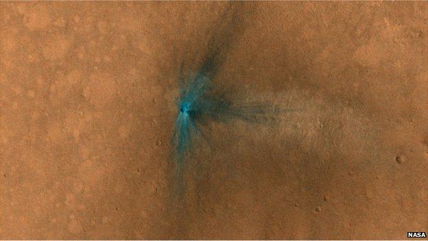 The surface of Mars captured by the Nasa Mars Reconnaissance Orbiter shows a large impact.