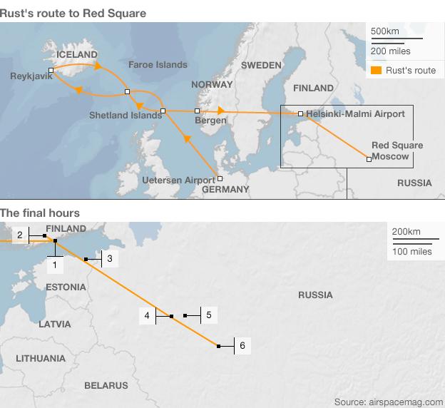 Map showing the route Rust took to get to Red Square in Moscow