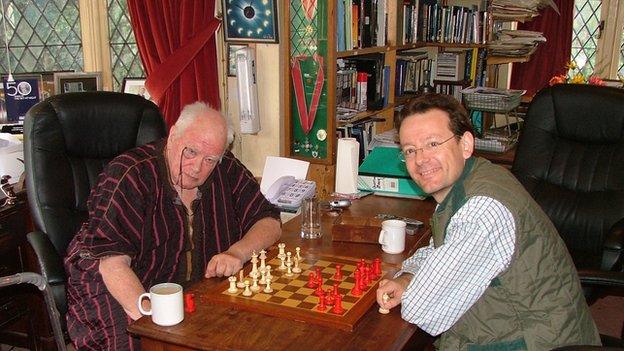 Sir Patrick Moore and Carl Portman playing chess in 2007