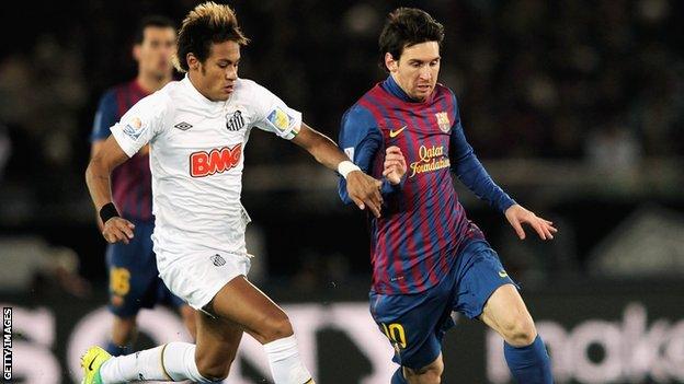 Neymar of Santos and Messi of Barcelona in 2012 World Club Cup final