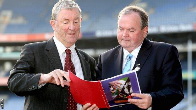 Chairman of Football Review Committee Eugene McGee with GAA president Liam O'Neill