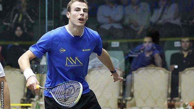 Nick Matthew plays a shot against Nicolas Mueller in his first-round win in Doha