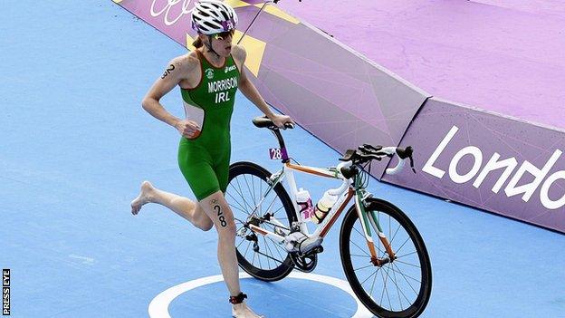 Aileen Reid begins the bike section at the London Olympics