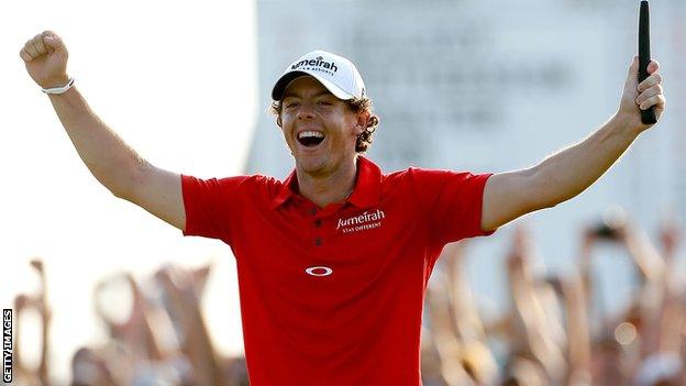 Rory McIlroy celebrates winning the USPGA Championship in August