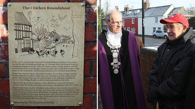 Left: Plaque describing the 'chicken roundabout'. Right: Bungay Town Reeve Richard Cundy (left) and 'chicken man' Gordon Knowles (right)