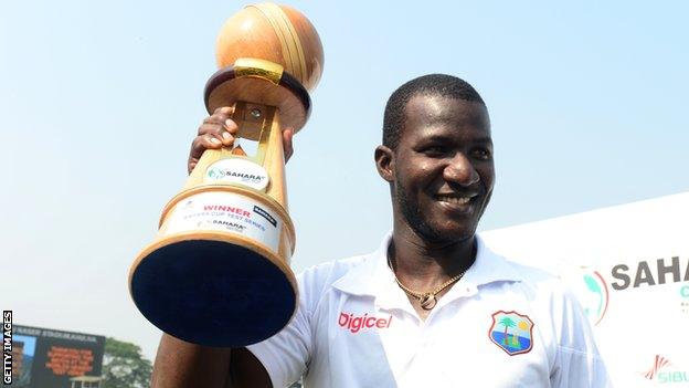 West Indies captain Darren Sammy with the Test series trophy