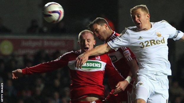 Garry Monk challenges for a corner that led to Swansea's winner against Middlesbrough