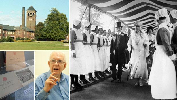 Shenley Hospital (pic: T O Wong/ Flickr) King George V and Queen Mary open the hospital in 1934 (pic: AP), the Mind in Harrow exhibition, and former patient Gerald Kirsch (pics: Phil Coomes/BBC)