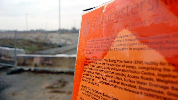 A planning notice giving information about the incinerator at Javelin Park near Haresfield, Gloucestershire