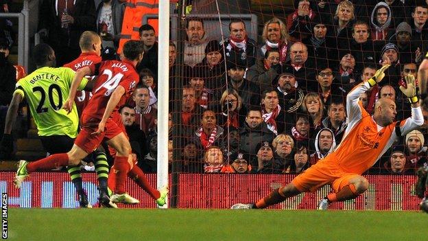 Benteke fires Villa's second goal at Anfield