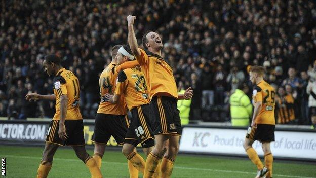 Hull City players celebrate goal at the KC Stadium