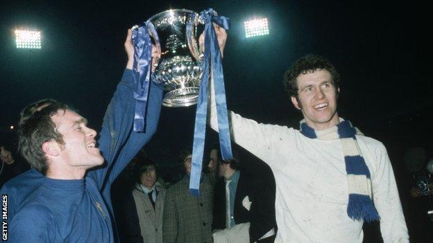 Ron Harris and Peter Osgood celebrate Chelsea's FA Cup triumph in 1970