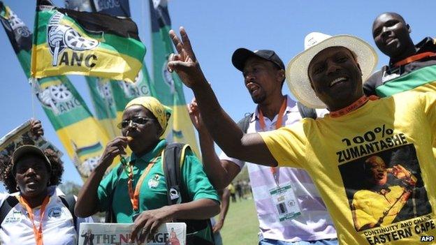 African National Congress (ANC) delegates sing and dance to support South African President Jacob Zuma during the 53rd National Conference of the ANC on December 18, 2012 in Mangaung