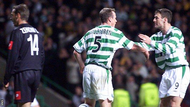 Joos Valgaeren and Chris Sutton celebrate as Celtic beat Juve 4-3 in 2001