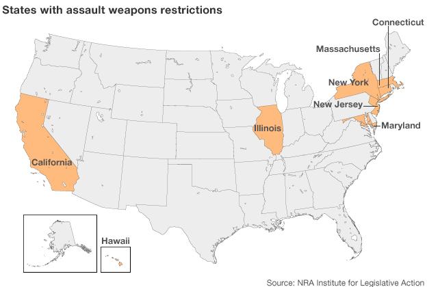 Map of states with assault weapons restrictions: California, Connecticut, Hawaii, Illinois, Maryland, Massachusetts, New Jersey, New York