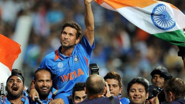 Sachin Tendulkar is carried on the shoulder of India team-mates after they won the World Cup in 2011