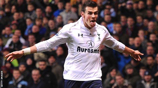 Tottenham winger Gareth Bale celebrates at Villa Park