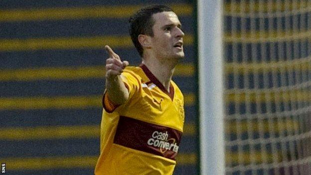 Jamie Murphy celebrates scoring for Motherwell against Aberdeen