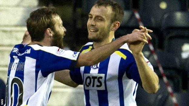 James Dayton and Liam Kelly celebrate the winner against Hearts