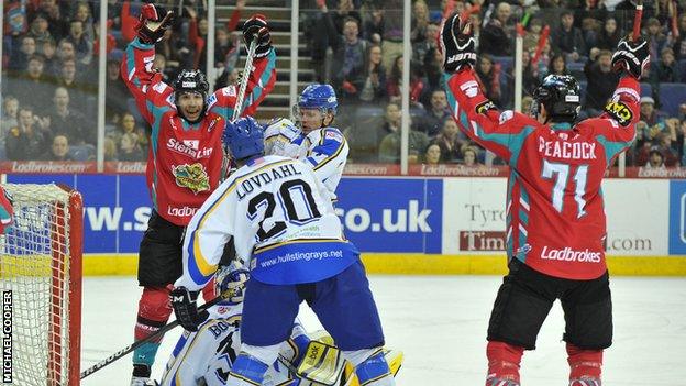 Kevin Saurette (left) celebrates after scoring against Hull