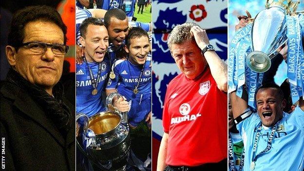 Fabio Capello, Chelsea trio John Terry, Ashley Cole and Frank Lampard with the Champions League trophy, England manager Roy Hodgson, Manchester City captain Vincent Kompany with the Premier League trophy