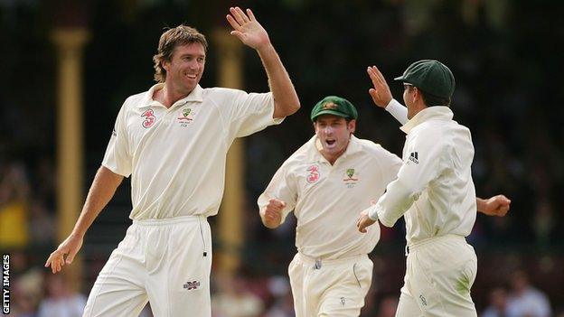 Glenn McGrath (left) is congratulated by his team-mates during the victorious home Ashes series in 2007