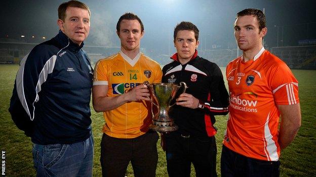 Fermanagh's Ronan Gallagher, Micheal McCann of Antrim, Dermot McBride (Derry) and Armagh's Brendan Donaghy at the launch of the 2013 McKenna Cup