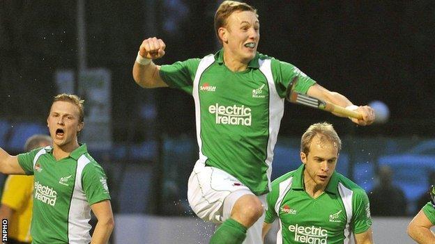 David Ames celebrates scoring for Ireland