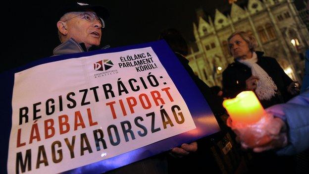 Protest against new electoral law outside parliament in Budapest, 19 Nov 12