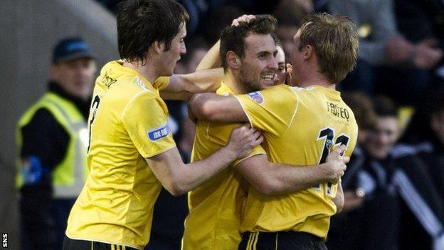 Anthony Andreu is congratulated by team mates after levelling the scoreline for Livingston