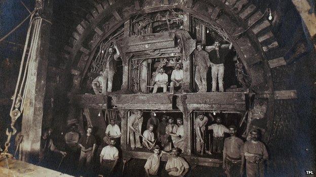 Construction workers using the Greathead Shield