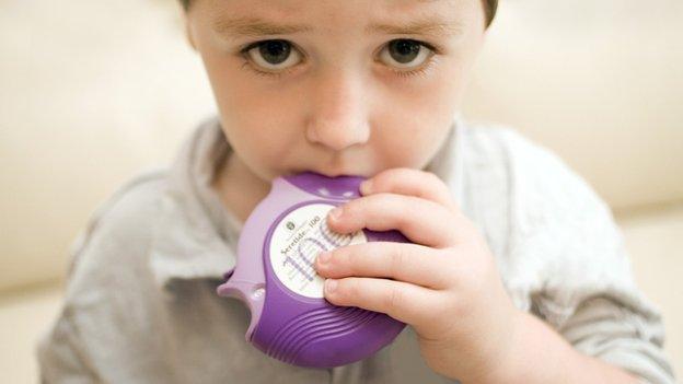 Boy using inhaler