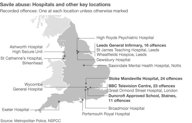 Hospitals and other key locations where Savile carried out assaults