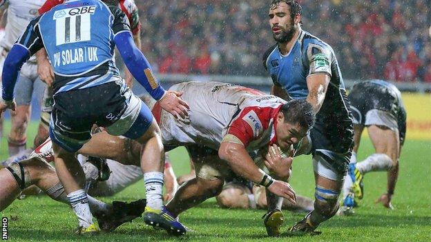 Nick Williams barges over for Ulster's first-half try at Ravenhill