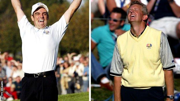 Europe's Ryder Cup contenders Paul McGinley and Colin Montgomerie celebrate sinking the winning putts in 2002 and 2004 respectively