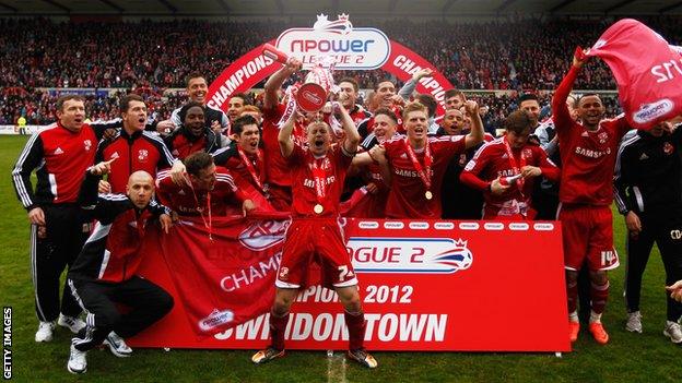 Swindon Town players celebrate the League Two title