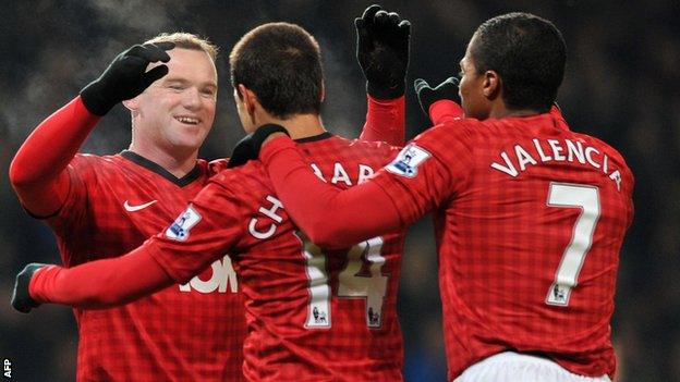 Manchester United's English striker Wayne Rooney celebrates scoring the only goal