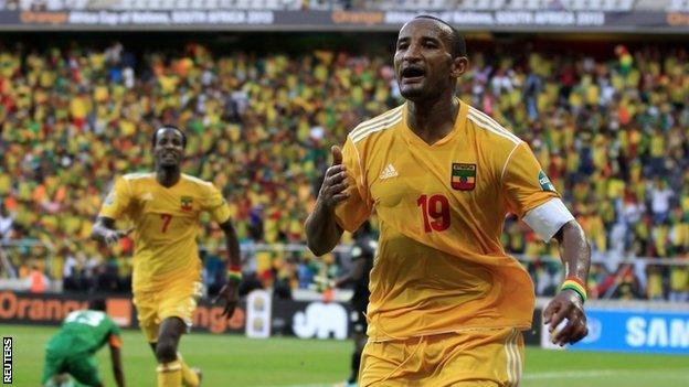 Ethiopia striker Adane Girma celebrates scoring the equaliser against Zambia