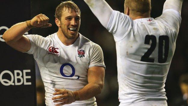 England captain Chris Robshaw celebrates the win over New Zealand with flanker James Haskell