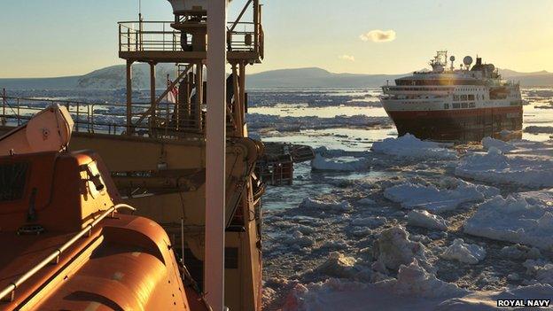 HMS Protector approaches MS Fram