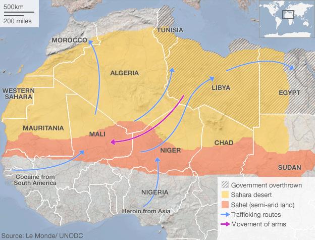 Map of N Africa showing smuggling routes