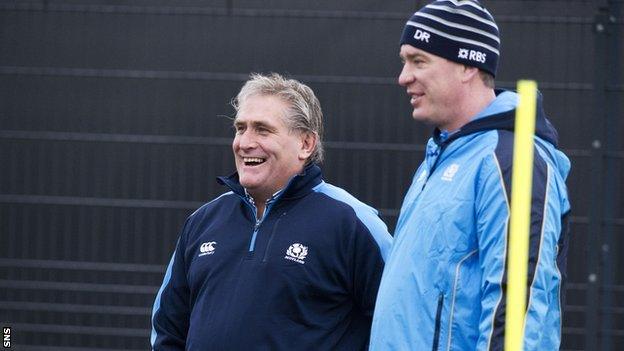 Scotland interim head coach Scott Johnson (centre) and forwards coach Dean Ryan