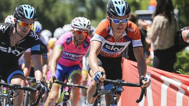 Geraint Thomas in the ochre jersey at the Tour Down Under