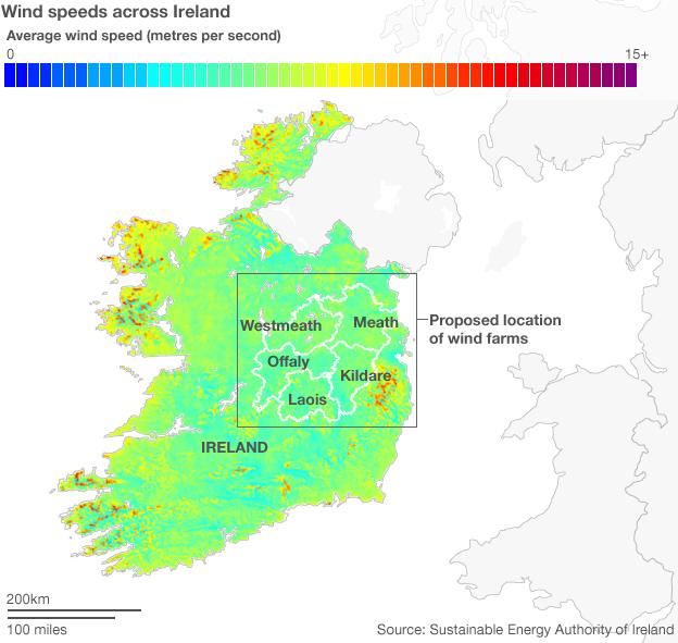 Map of wind speeds in Ireland