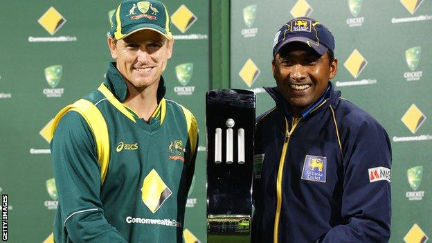 Captains George Bailey and Mahela Jayawardene with the one-day series trophy