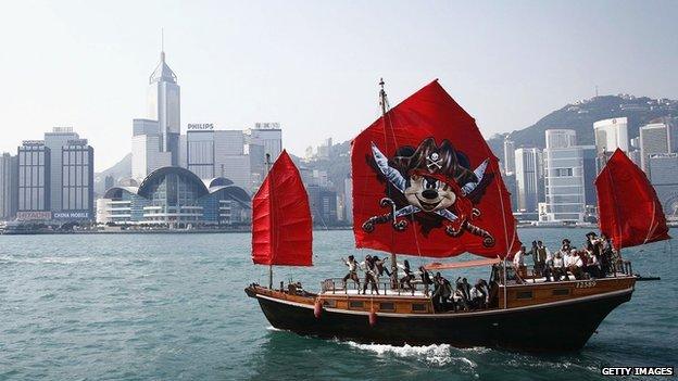 Disney Sail Pirate Ship Through Hong Kong Harbour